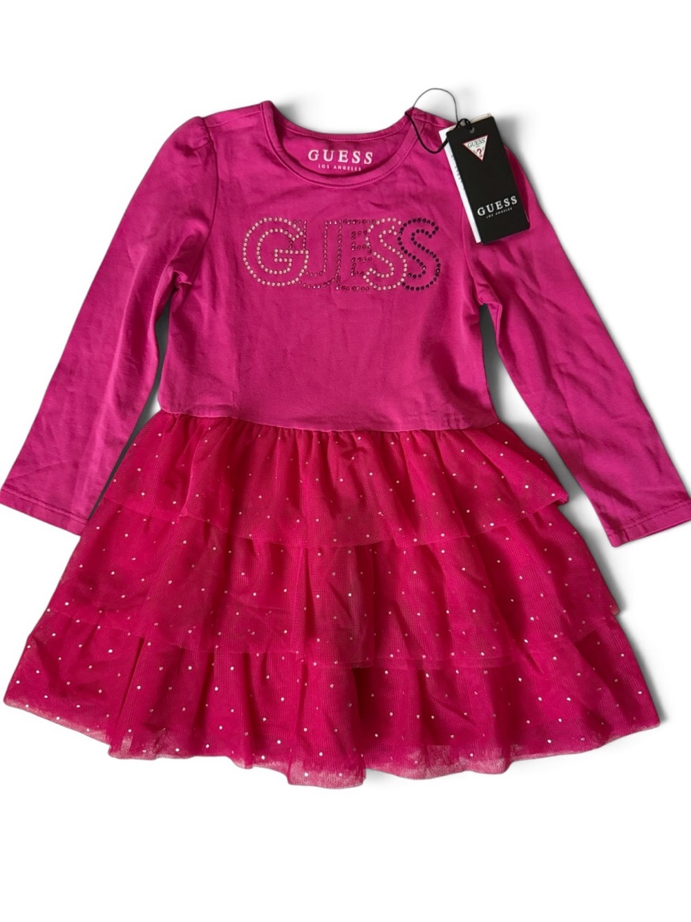GUESS Girls Fuchsia Long-Sleeve Tulle Tiered Dress